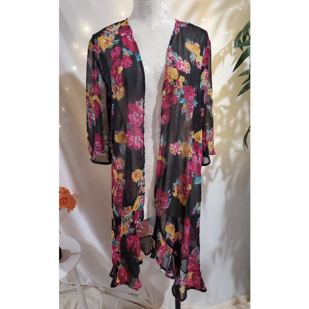Maurices NWT Floral Sheer Chiffon Sparkle Ruffle Open Kimono Top Cardigan Size L